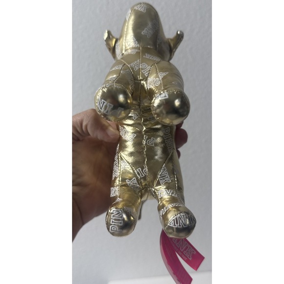 2014 Victoria Secret Plush PINK Dog SHINY Metallic Gold w/ "PINK" Words 8" - Picture 5 of 9